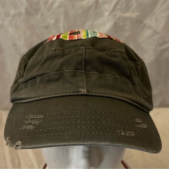 Women's Olive Green Adjustable Newsboy Cap with Colorful Peace Sign Patch - Picture 9 of 9